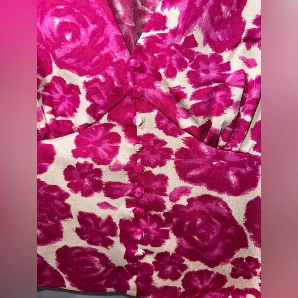 J.Crew Fuchsia Pink Floral V-neck Satin Crepe Blouse Size 10 NWOT feminine